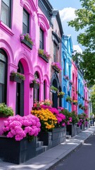 Fototapeta premium Colorful row of houses showcasing unique architectural details and vibrant designs in a charming neighborhood.