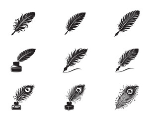 Obraz premium Collection of Feather silhouette Design - Bird Feather Vector illustration in black and white