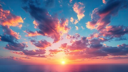 Fototapeta premium A colorful dramatic sky at sunset features clouds.