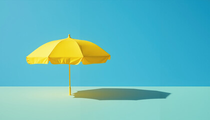 Obraz premium Bright Yellow Beach Umbrella Against Clear Blue Sky – Minimalist Summer Concept, Sunny Vacation Vibes, Relaxation and Beach Essentials Background