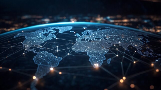 Digital illustration of world map at night with glowing white lines forming a network-like pattern, futuristic and techy vibe.
