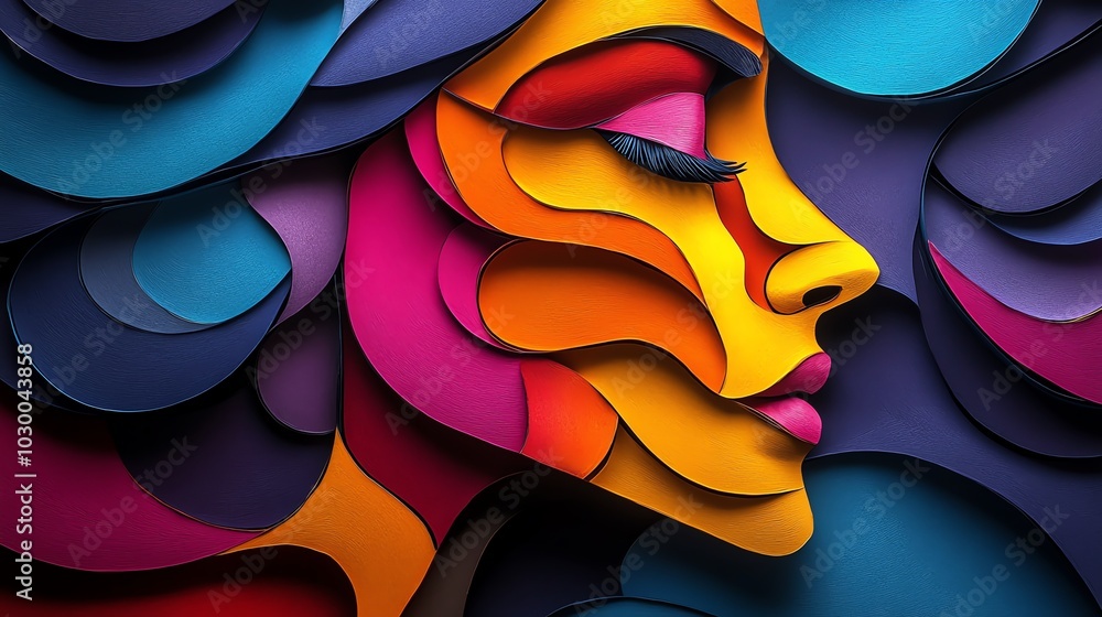 Poster colorful paper cut abstract face pattern with fragmented, vibrant layers, creating a modern art piec