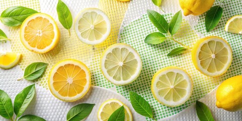 Aerial View of Lemon Logo Detox Drinks Emblem with Fresh Lemon Slices and Leaves on a Light Halftone Background for Wellness and Refreshment Branding