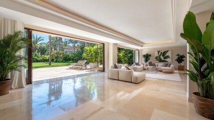 Fototapeta premium Elegant open plan room featuring a summer terrace and a lush green garden view, perfect for relaxation and style.