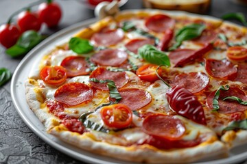 Pepperoni Pizza, Traditional Italian Diabolo Pizza Flatbread with Salami, Chili Pepper, Mozzarella