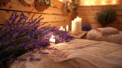 Serene lavender massage therapy session in a tranquil spa with soothing candles and aromatherapy