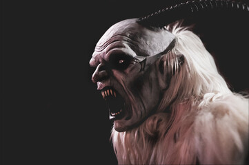 Wooden satan evil mask with horns. Christmas Devils Krampus. Evil face. Close-up on evil and scary...