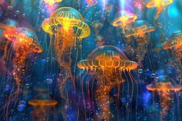 Fantasy Glowing Jellyfish, Bright Underwater Creature, Abstract Jelly Fish, Neon Animals