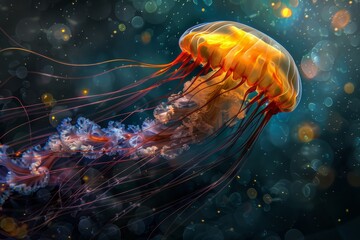 Fototapeta premium Fantasy Glowing Jellyfish, Bright Underwater Creature, Abstract Jelly Fish, Neon Animals