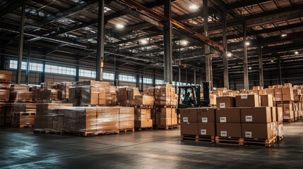 Industrial Warehouse with Stacks of Cardboard Boxes, Forklifts, Concrete Floor, and Bright Lighting - Ready for Shipment