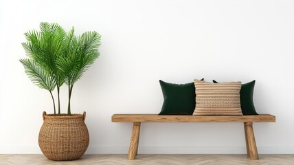 Rustic chic entryway with a wooden bench, cozy throw pillows, and a woven basket for an inviting yet practical touch, 3D illustration