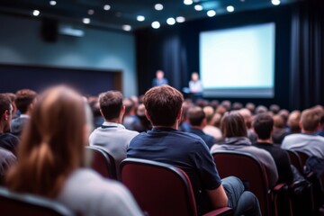 Large Auditorium with Diverse Audience Listening Attentively to Speaker in Dimly Lit Room with Spotlights and Black Curtain