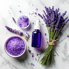 Minimalist flat lay of lavender essential oil fresh lavender sprigs and bath salts on white marble...