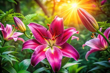 Fototapeta premium In its natural habitat, a stunning magenta lily blossoms, radiating vibrant colors and epitomizing the elegance of floral photography that celebrates nature's beauty.