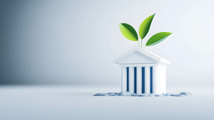 Symbol of a bank building with a growing plant icon above it, representing secure financial growth.
