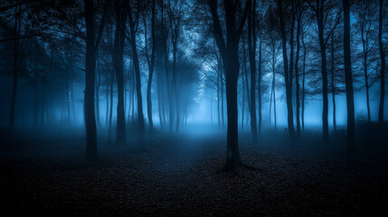 Obraz premium Mysterious Fog Rolling Through a Dark Forest at Dawn