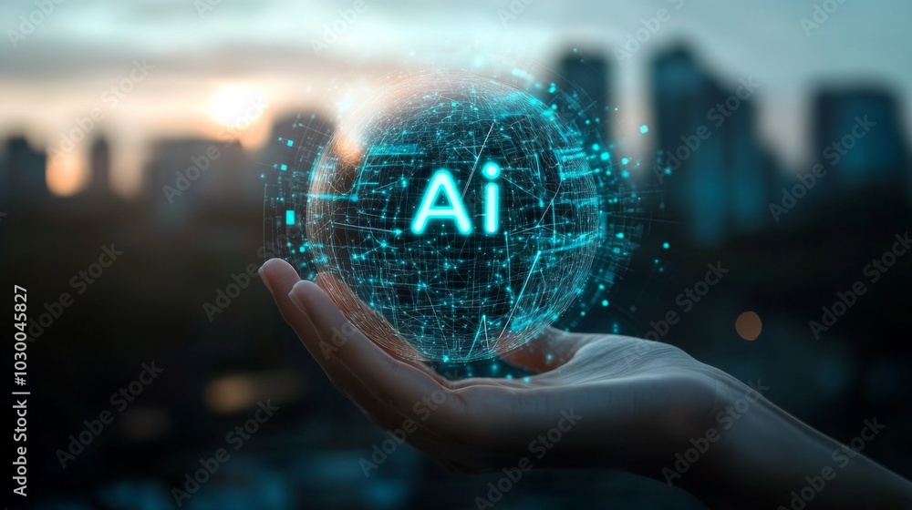 Aufkleber futuristic ai technology concept with hand holding sphere and network patterns in cityscape backgrou