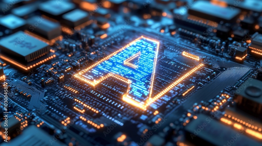 Poster circuit board with glowing 'a' letters and colorful components, top-down view with futuristic techno