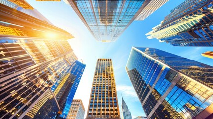 A Low Angle View of Tall Modern Skyscrapers in a City