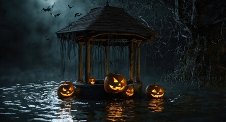 A spooky Halloween-themed old well with glowing jack-o'-lanterns, cobwebs, and eerie shadows in the water.