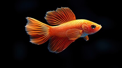 A red Siamese fighting fish swims rhythmically isolated on a black background in close-up.