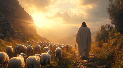 A peaceful Jesus guiding his flock through a quiet valley, with soft rays of sunlight breaking through the clouds