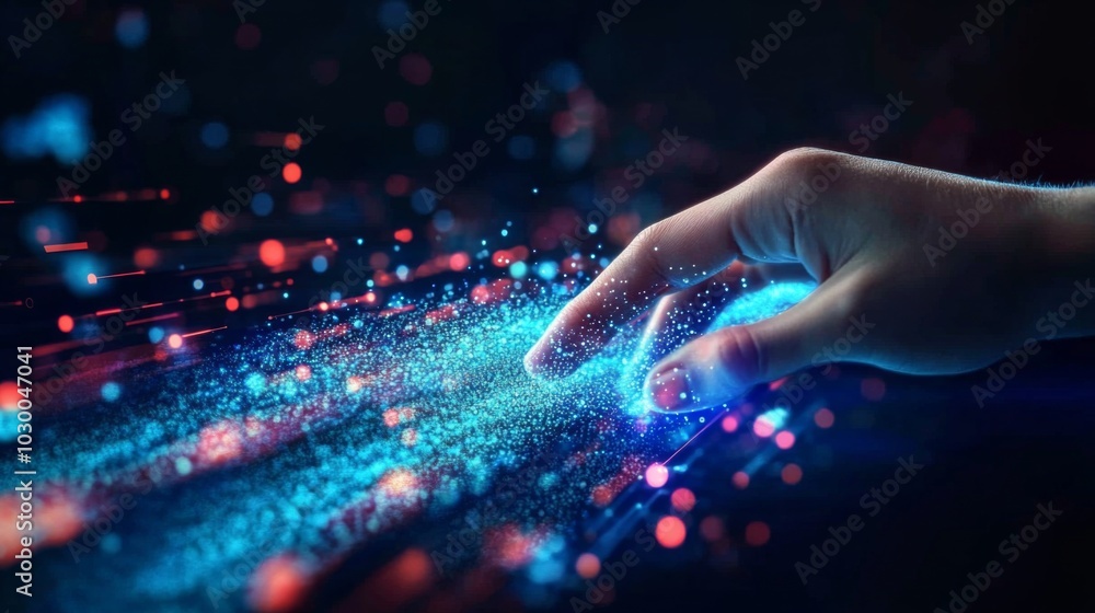 Poster futuristic interface with interconnected lines and dots in blue, red, and green. dark background and
