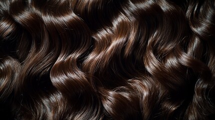 Fototapeta premium Tightly clustered, the glossy ringlets of brunette hair dominate this close-up shot. Their radiant sheen and rich hue are captured in striking detail. 