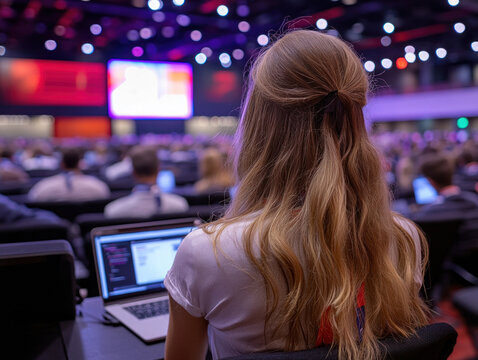A rear view of the audience in a large conference room, rows of heads and laptops visible, as they watch the speaker on stage