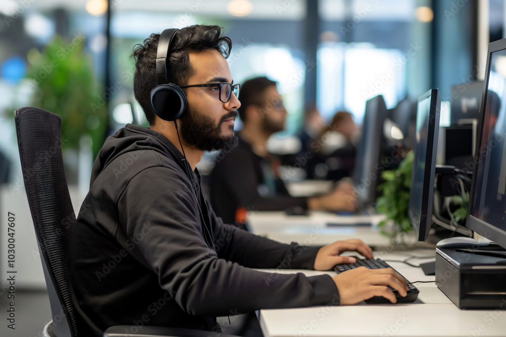 Poster software developer wearing headphones is concentrating on writing code at his desk in a busy office