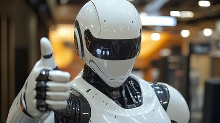 Fototapeta premium A robot in a modern office gives a thumbs-up.