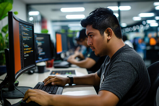 Young adult latin programmer is writing code on his computer in a busy office