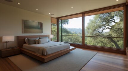 Fototapeta premium Modern Bedroom with Scenic View of Nature
