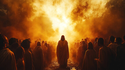Fototapeta premium A vivid Bible scene of Jesus performing miracles among a crowd, with people gathered around in awe, bathed in divine light
