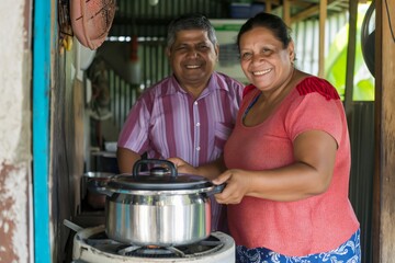 Cheerful Latin couple happily cooking together in their cozy kitchen. Exuding love and joy as they prepare a healthy meal