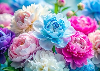 Obraz premium Beautiful Close-Up of Pink, Blue, and White Peonies - Long Exposure Floral Wallpaper for Colorful Summer or Spring Background, Perfect for Floral Shop or Flower Delivery Concept