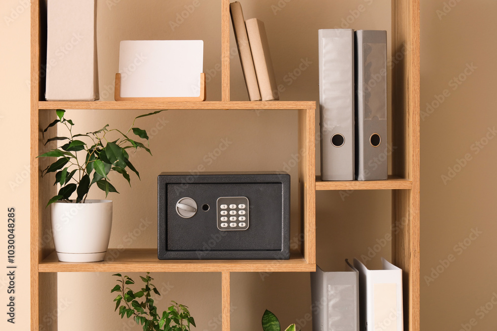 Wall mural modern safe, office folders and houseplants on shelving unit near beige wall