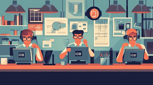 Three men are sitting at a desk with a computer screen in front of them