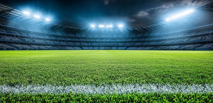 Nighttime View of Illuminated Football Stadium with Empty Seats and Goalpost, Low Angle Shot