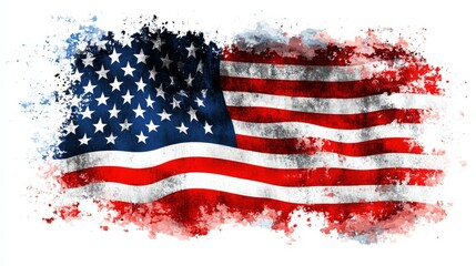American Flag Illustration with Grungy, Worn Look on White Background