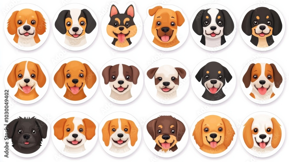 Poster set of 16 unique circular dog face stickers with various designs and colors arranged in a grid patte