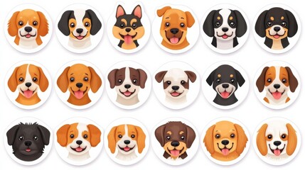 Set of 16 unique circular dog face stickers with various designs and colors arranged in a grid pattern.