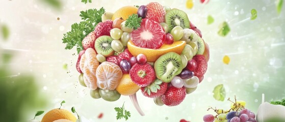 Abstract Brain Composition with Fruits and Vegetables in Bright, Vibrant Arrangement on Light Green Background