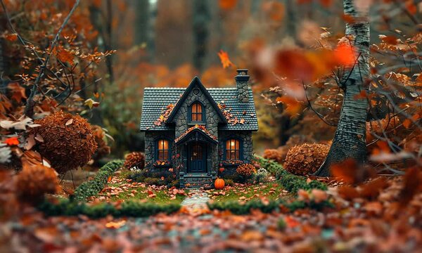 AI generated animation of a mini Halloween house captured with tilt-shift lens in an autumn forest