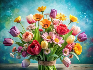 Obraz premium Lively Spring Flower Arrangement against a Light Blue Background - Perfect for Banners and Seasonal Decor, bringing freshness and color to any celebration or event.