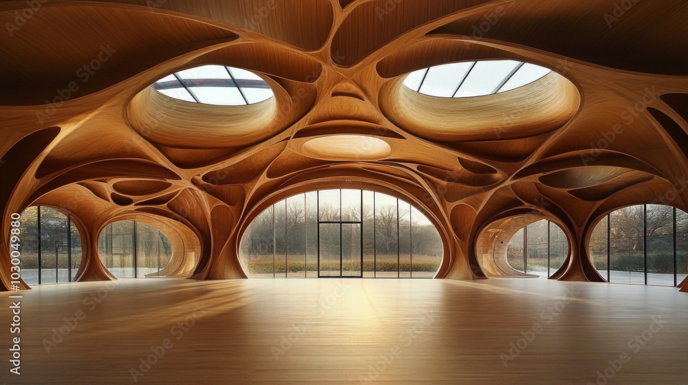 Poster modern architectural design featuring wooden panel ceiling with intricate patterns and spacious room