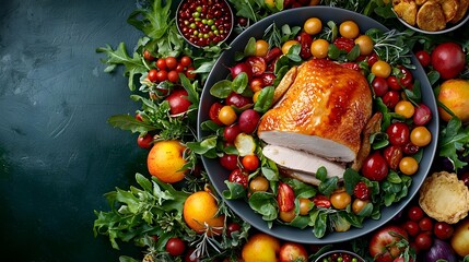 A sumptuous Thanksgiving centerpiece featuring a roasted turkey surrounded by an array of vibrant fall vegetables