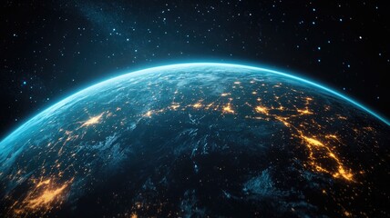 Fototapeta premium Illuminated Earth at night seen from space with stars in background