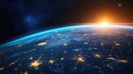 Fototapeta premium Sunrise from space, illuminating Earth's surface with city lights visible