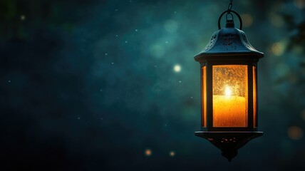 Glowing lantern illuminates dark, misty night